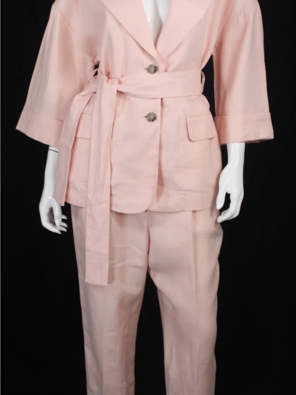 PESERICO Blush Pink Linen Twill Relaxed Fit Belted Blazer & Pant Suit Set 46